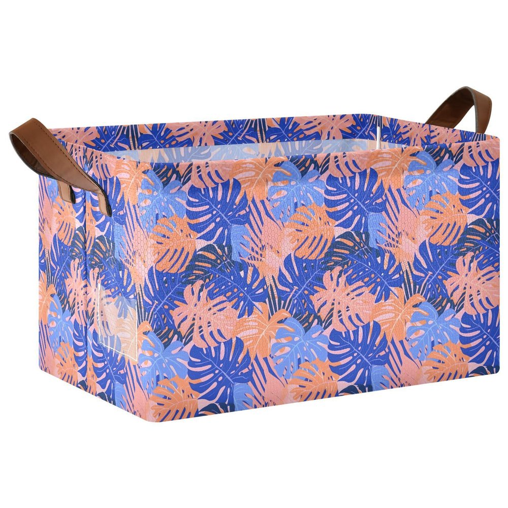 ALAZA Blue Pink Leaf Rectangular Closet Storage Box Storage Bin Basket Storage Cube with Leather Handles Nursery Storage Laundry Hamper 2 Piece