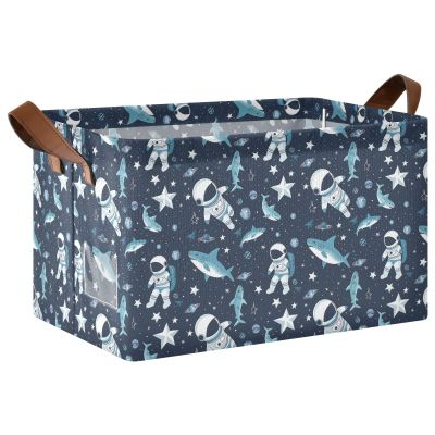 ALAZA Astronaut Shark Star Space Rectangular Closet Storage Box Storage Bin Basket Storage Cube with Leather Handles Nursery Storage Laundry Hamper 2 Piece