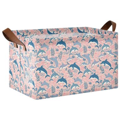 ALAZA Dolphin Leaf Fish Rectangular Closet Storage Box Storage Bin Basket Storage Cube with Leather Handles Nursery Storage Laundry Hamper 2 Piece