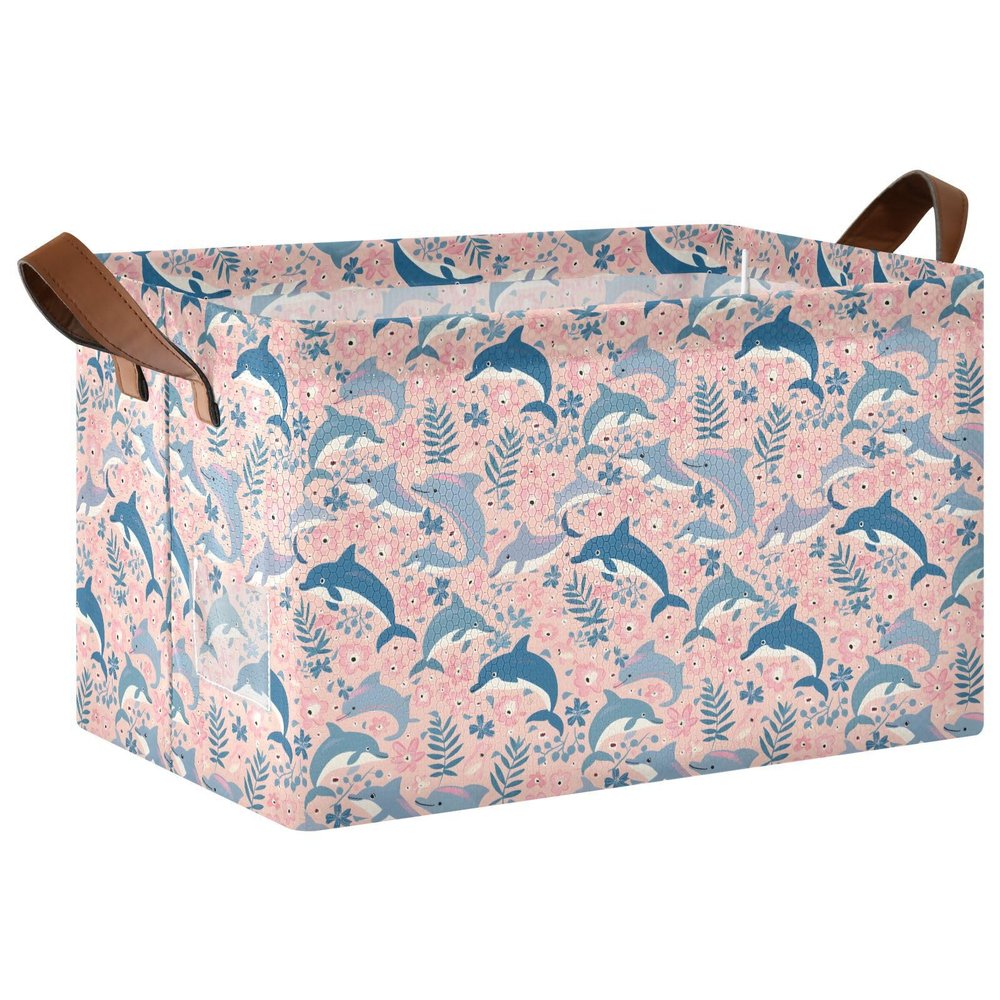 ALAZA Dolphin Leaf Fish Rectangular Closet Storage Box Storage Bin Basket Storage Cube with Leather Handles Nursery Storage Laundry Hamper 2 Piece