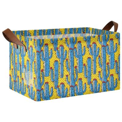 ALAZA Blue Cactus Yellow Rectangular Closet Storage Box Storage Bin Basket Storage Cube with Leather Handles Nursery Storage Laundry Hamper 2 Piece