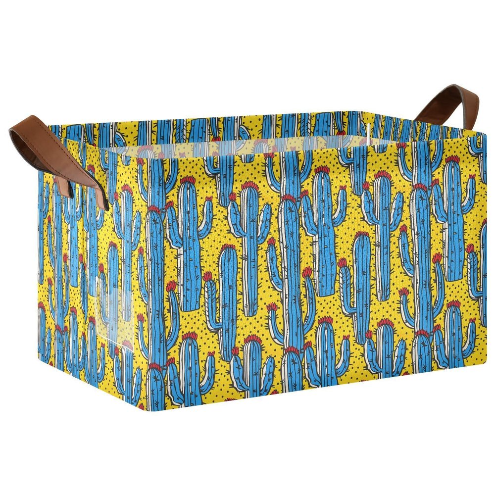 ALAZA Blue Cactus Yellow Rectangular Closet Storage Box Storage Bin Basket Storage Cube with Leather Handles Nursery Storage Laundry Hamper 2 Piece