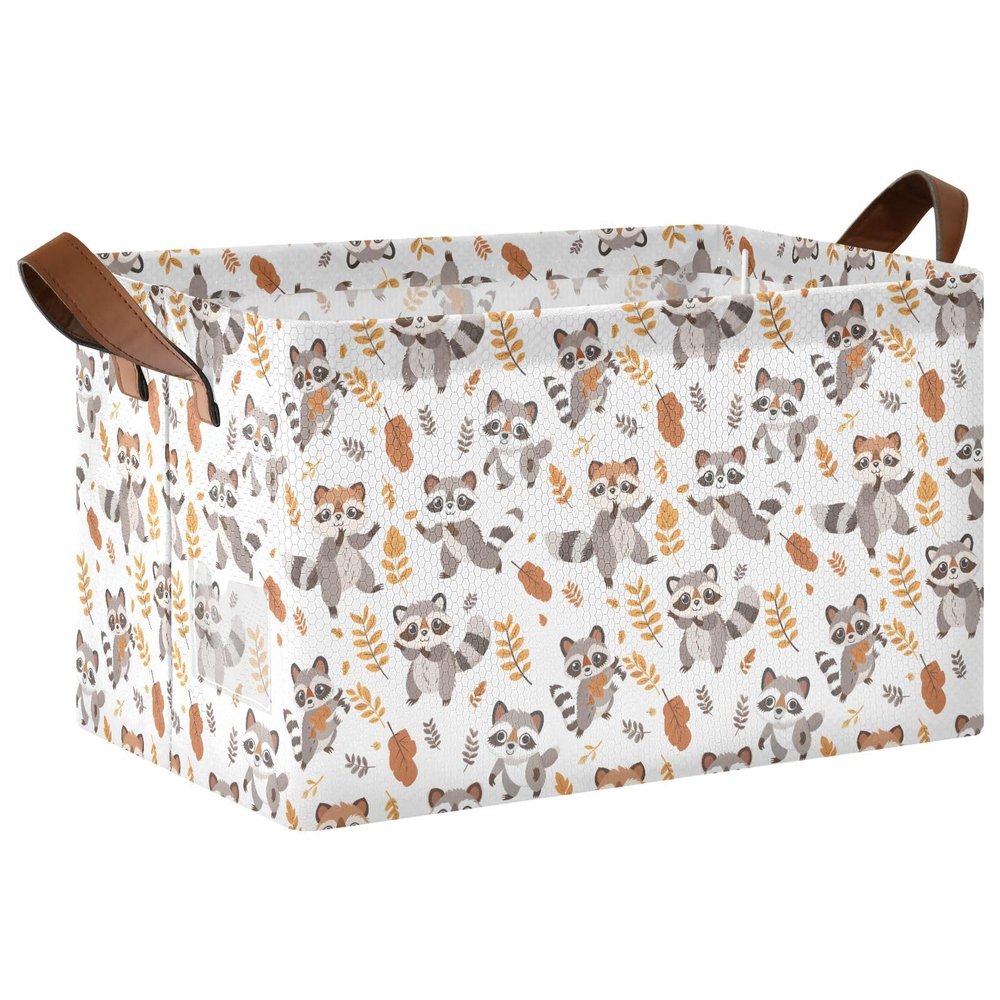ALAZA Cute Racoon Leaf Seamless Rectangular Closet Storage Box Storage Bin Basket Storage Cube with Leather Handles Nursery Storage Laundry Hamper 2 Piece
