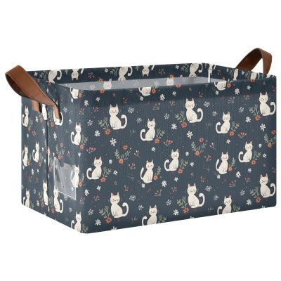 ALAZA Cartoon Cat Blossom Flower Rectangular Closet Storage Box Storage Bin Basket Storage Cube with Leather Handles Nursery Storage Laundry Hamper 2 Piece