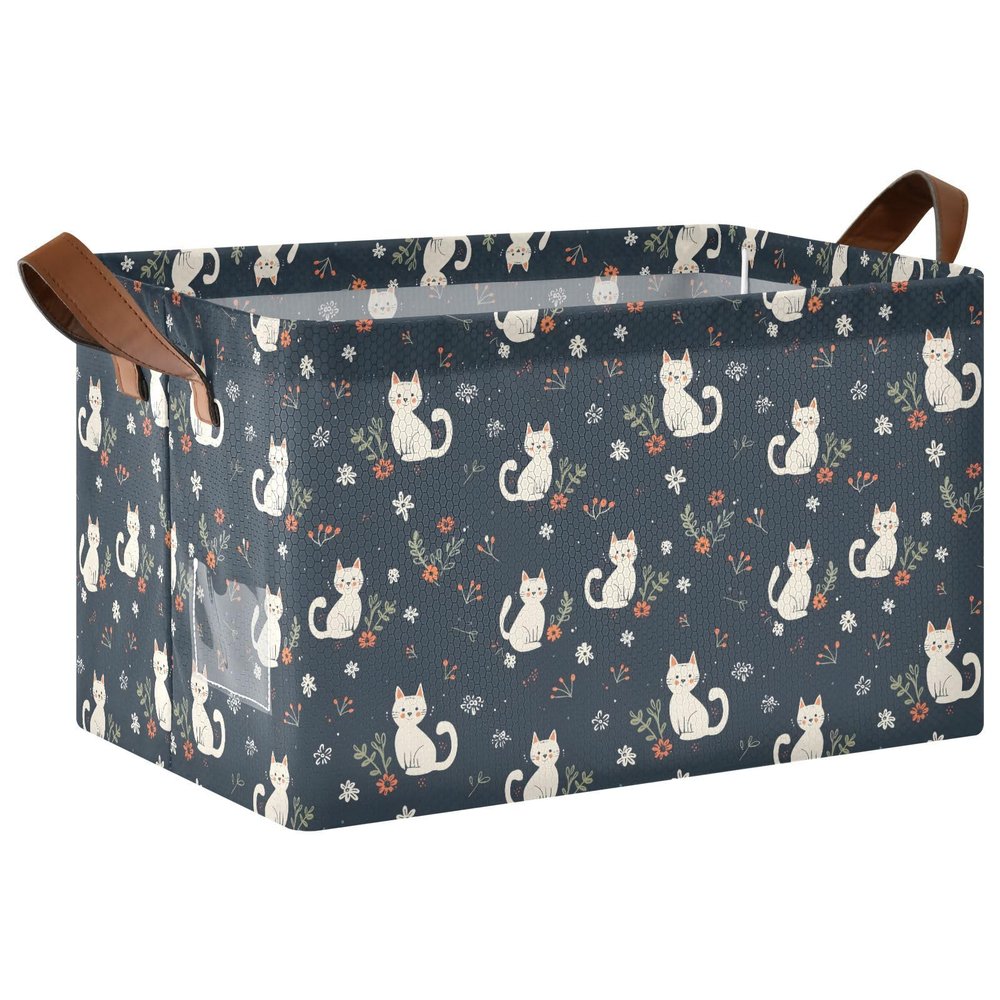 ALAZA Cartoon Cat Blossom Flower Rectangular Closet Storage Box Storage Bin Basket Storage Cube with Leather Handles Nursery Storage Laundry Hamper 2 Piece