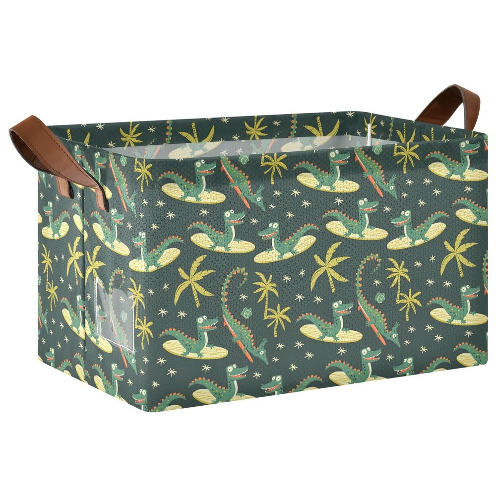 ALAZA Crocodile Surfer Cartoon Rectangular Closet Storage Box Storage Bin Basket Storage Cube with Leather Handles Nursery Storage Laundry Hamper 2 Piece