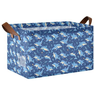 ALAZA Cartoon Print Animals Dolphin Rectangular Closet Storage Box Storage Bin Basket Storage Cube with Leather Handles Nursery Storage Laundry Hamper 2 Piece