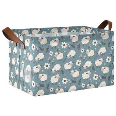ALAZA Sheep Floral Leaf Rectangular Closet Storage Box Storage Bin Basket Storage Cube with Leather Handles Nursery Storage Laundry Hamper 2 Piece