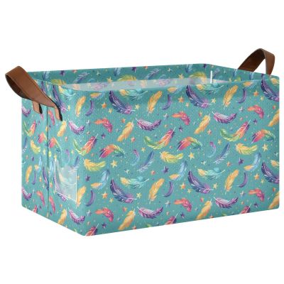 ALAZA Bird Feather Star Rectangular Closet Storage Box Storage Bin Basket Storage Cube with Leather Handles Nursery Storage Laundry Hamper 2 Piece