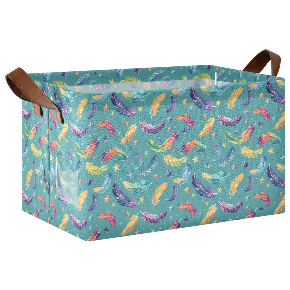 ALAZA Bird Feather Star Rectangular Closet Storage Box Storage Bin Basket Storage Cube with Leather Handles Nursery Storage Laundry Hamper 2 Piece