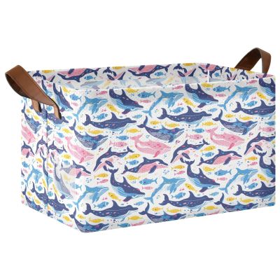ALAZA Cartoon Whale Fish Sea Rectangular Closet Storage Box Storage Bin Basket Storage Cube with Leather Handles Nursery Storage Laundry Hamper 2 Piece