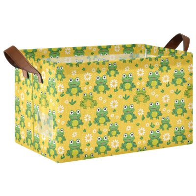 ALAZA Frog Leaf Blossom Yellow Rectangular Closet Storage Box Storage Bin Basket Storage Cube with Leather Handles Nursery Storage Laundry Hamper 2 Piece