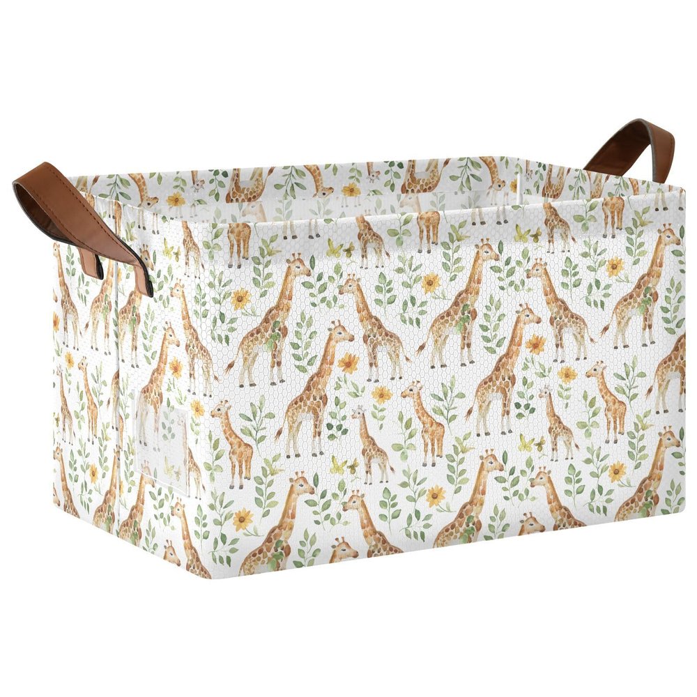 ALAZA Giraffis Leaf Blossom Rectangular Closet Storage Box Storage Bin Basket Storage Cube with Leather Handles Nursery Storage Laundry Hamper 2 Piece