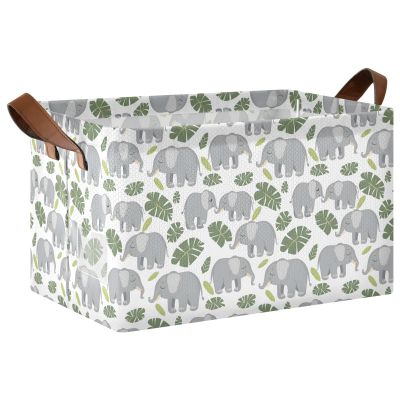 ALAZA Elephant Palm Leaf White Rectangular Closet Storage Box Storage Bin Basket Storage Cube with Leather Handles Nursery Storage Laundry Hamper 2 Piece