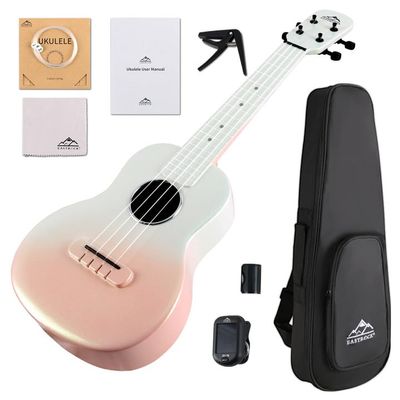EASTROCK 23 Inch Concert Ukulele Carbon Fiber Ukelele Kit with Gig Bag & Tuner for Adult & Beginner - Complete Set with Strap, Capo, Strings, Shaker, Gradient Apricot Pink