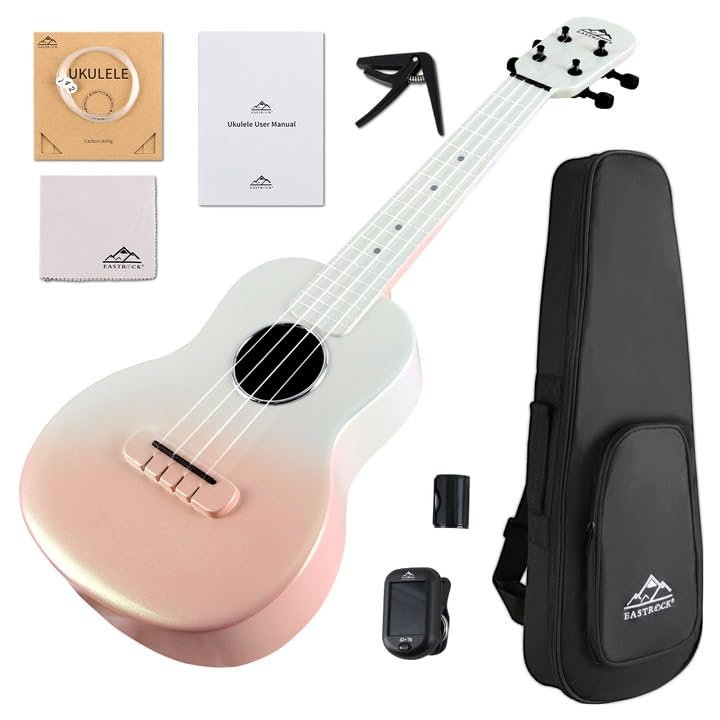 EASTROCK 23 Inch Concert Ukulele Carbon Fiber Ukelele Kit with Gig Bag & Tuner for Adult & Beginner - Complete Set with Strap, Capo, Strings, Shaker, Gradient Apricot Pink