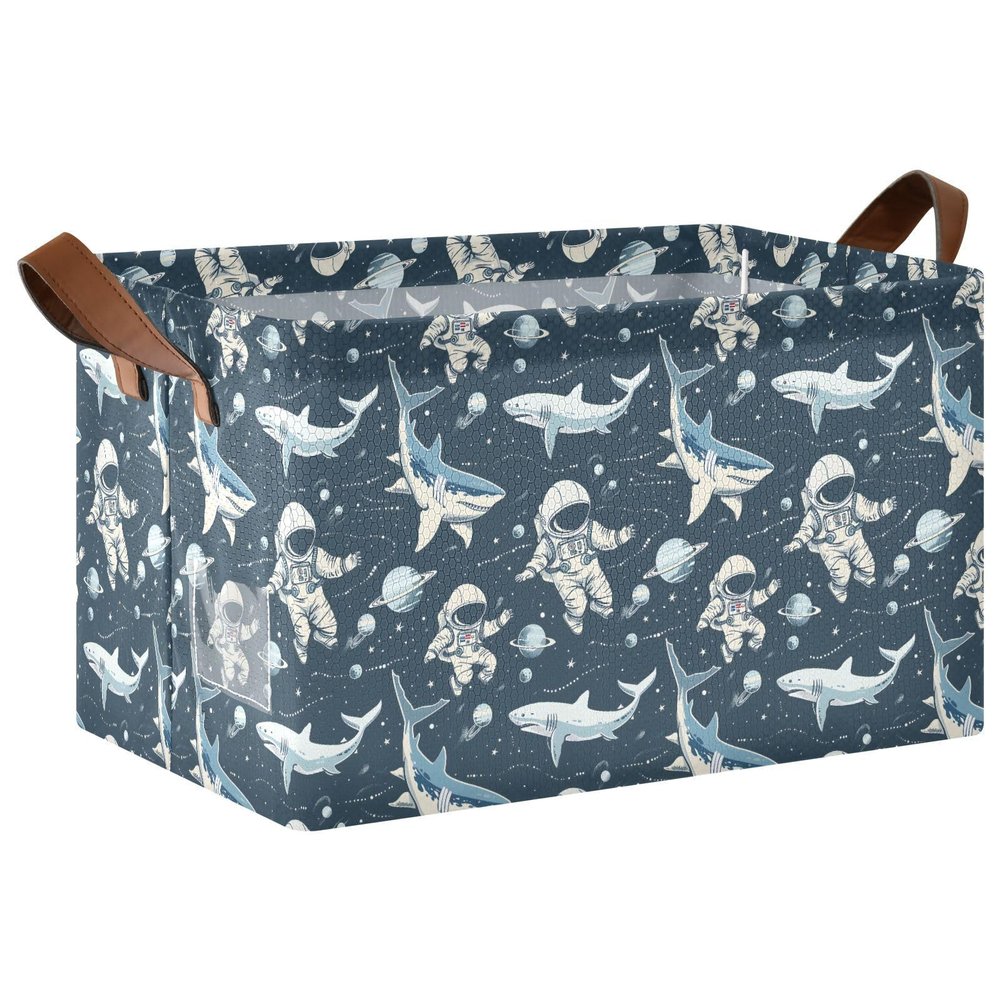 ALAZA Astronaut Shark Space Rectangular Closet Storage Box Storage Bin Basket Storage Cube with Leather Handles Nursery Storage Laundry Hamper 2 Piece