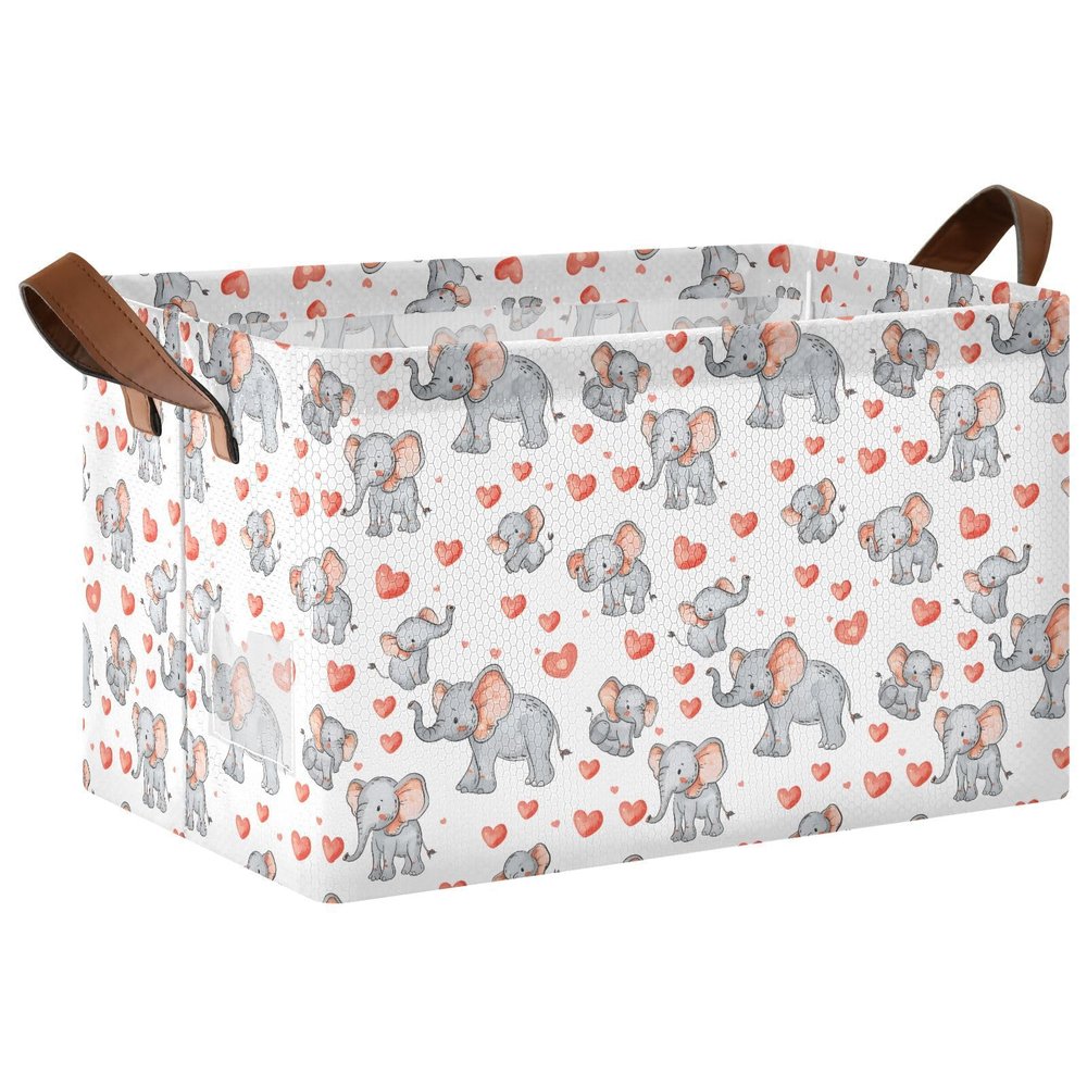 ALAZA Elephant Heart Valentines Rectangular Closet Storage Box Storage Bin Basket Storage Cube with Leather Handles Nursery Storage Laundry Hamper 2 Piece