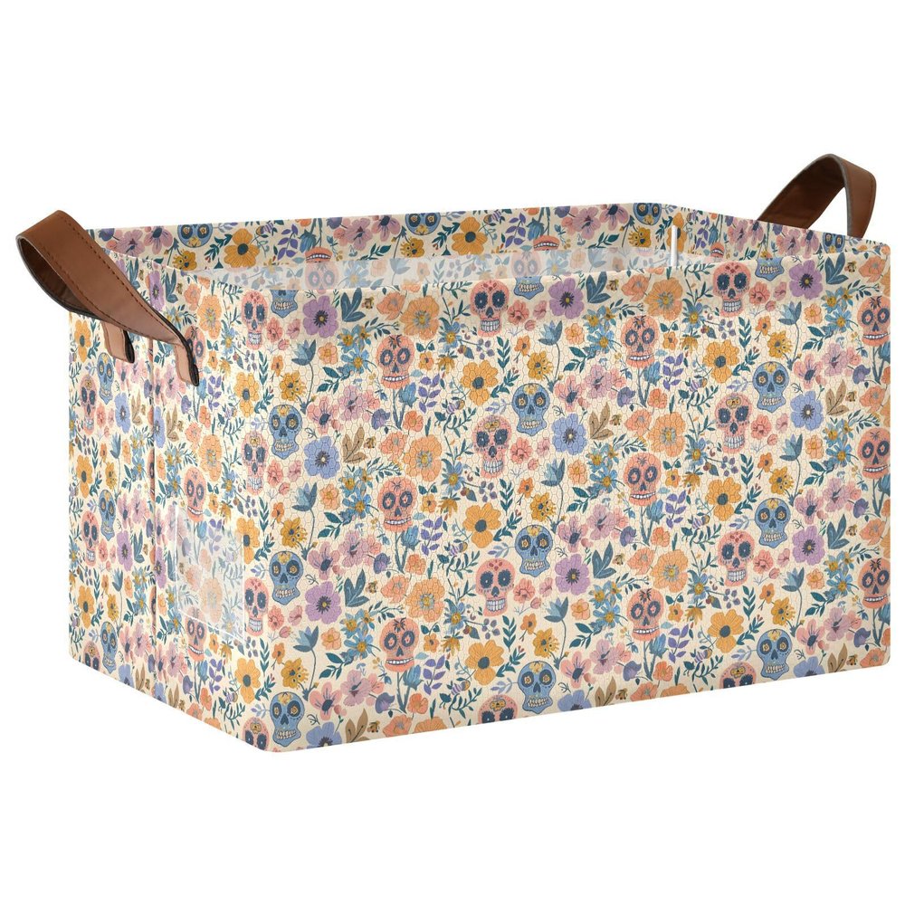 ALAZA Cartoon Skull Blossom Leaf Rectangular Closet Storage Box Storage Bin Basket Storage Cube with Leather Handles Nursery Storage Laundry Hamper 2 Piece