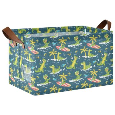 ALAZA Crocodile Surfer Palm Tree Rectangular Closet Storage Box Storage Bin Basket Storage Cube with Leather Handles Nursery Storage Laundry Hamper 2 Piece