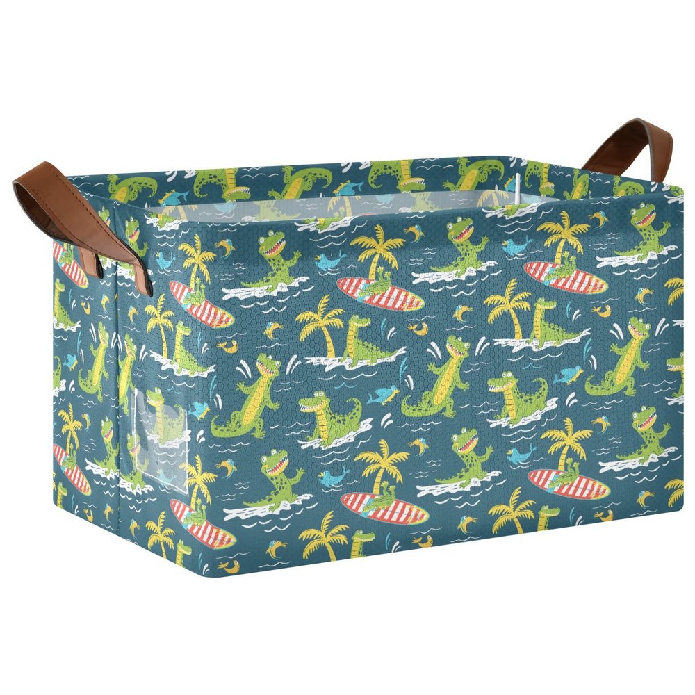 ALAZA Crocodile Surfer Palm Tree Rectangular Closet Storage Box Storage Bin Basket Storage Cube with Leather Handles Nursery Storage Laundry Hamper 2 Piece