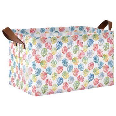 ALAZA Watercolor Monstera Leaf Palm Rectangular Closet Storage Box Storage Bin Basket Storage Cube with Leather Handles Nursery Storage Laundry Hamper 2 Piece