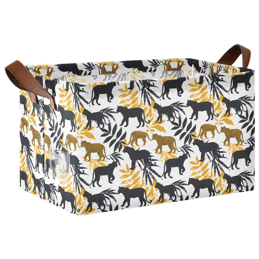 ALAZA Leopards Palm Leaf Tree Rectangular Closet Storage Box Storage Bin Basket Storage Cube with Leather Handles Nursery Storage Laundry Hamper 2 Piece