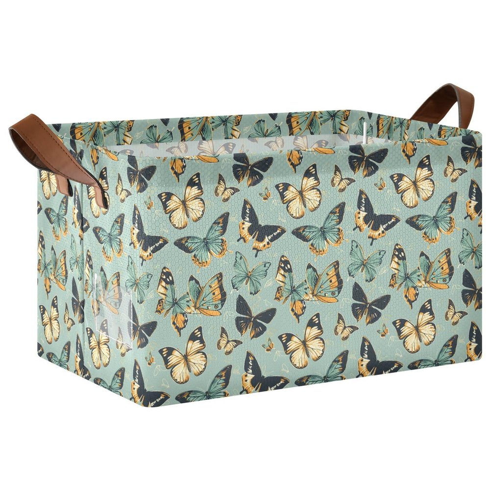 ALAZA Butterfly Green Butterfly Rectangular Closet Storage Box Storage Bin Basket Storage Cube with Leather Handles Nursery Storage Laundry Hamper 2 Piece