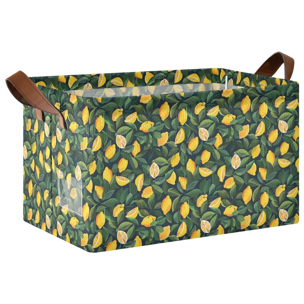 ALAZA Many Lemons Leaf Rectangular Closet Storage Box Storage Bin Basket Storage Cube with Leather Handles Nursery Storage Laundry Hamper 2 Piece
