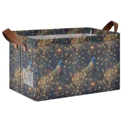 ALAZA Beautiful Peacock Tail Starry Rectangular Closet Storage Box Storage Bin Basket Storage Cube with Leather Handles Nursery Storage Laundry Hamper 2 Piece