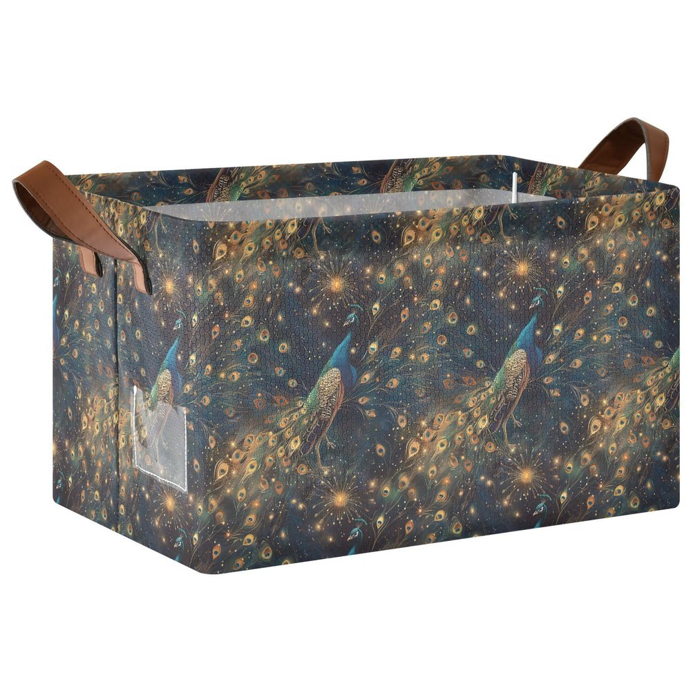 ALAZA Beautiful Peacock Tail Starry Rectangular Closet Storage Box Storage Bin Basket Storage Cube with Leather Handles Nursery Storage Laundry Hamper 2 Piece