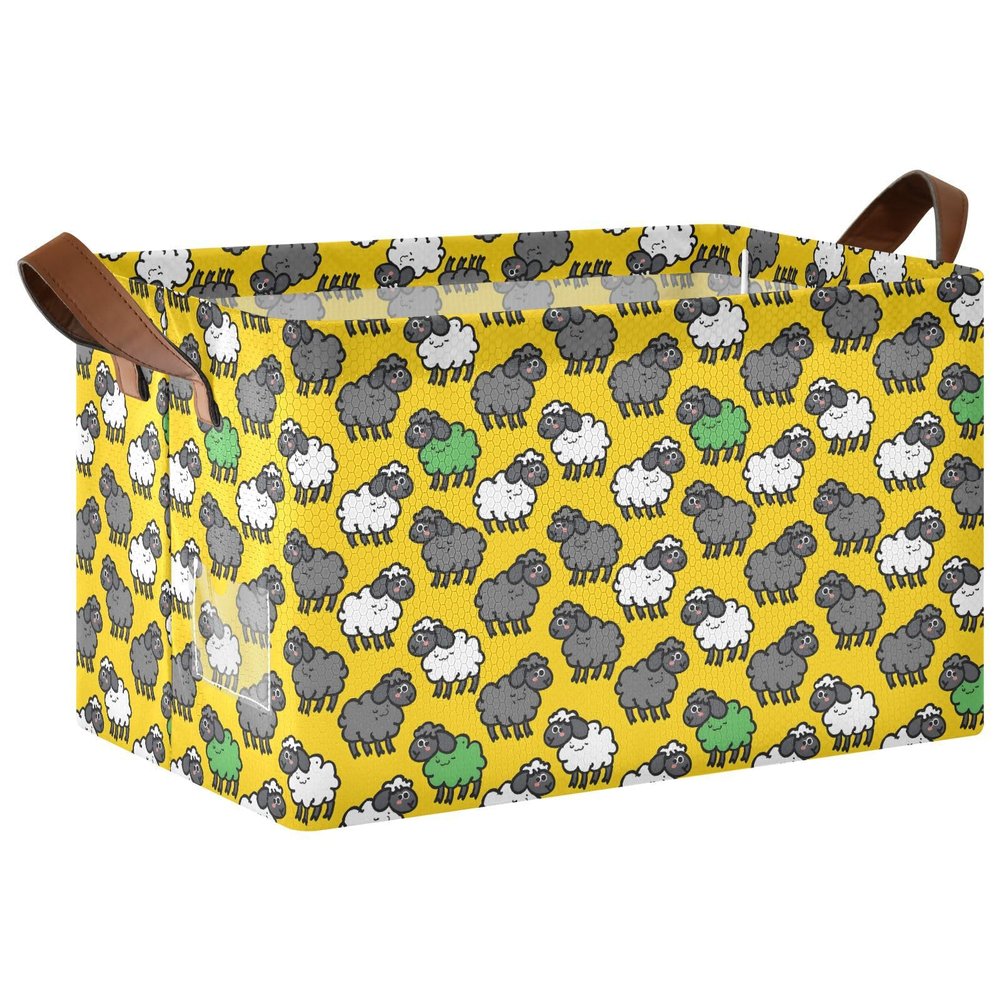 ALAZA Cartoon Sheep Yellow Rectangular Closet Storage Box Storage Bin Basket Storage Cube with Leather Handles Nursery Storage Laundry Hamper 2 Piece