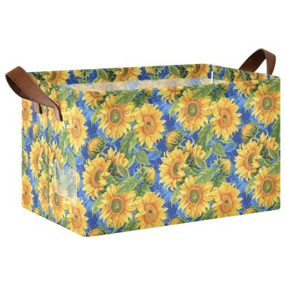 ALAZA Sunflowers Blue Rectangular Closet Storage Box Storage Bin Basket Storage Cube with Leather Handles Nursery Storage Laundry Hamper 2 Piece