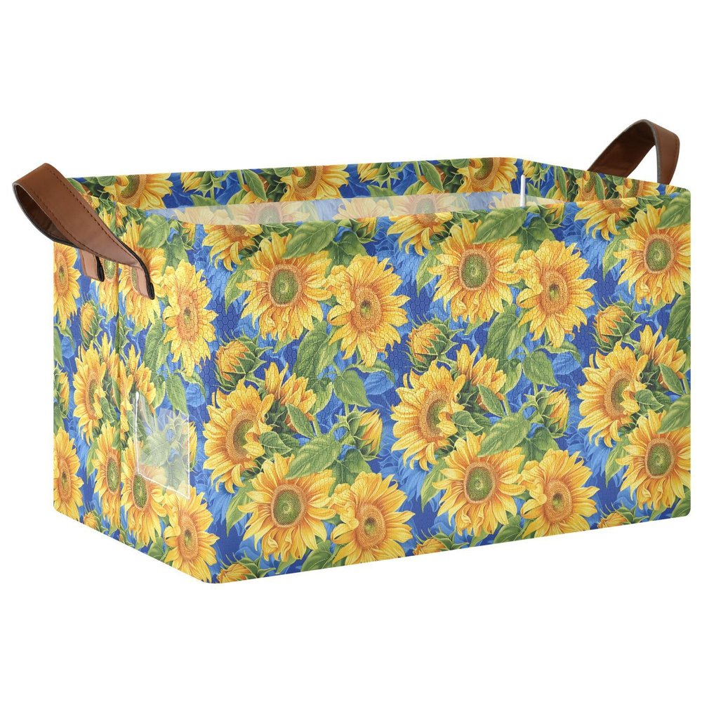 ALAZA Sunflowers Blue Rectangular Closet Storage Box Storage Bin Basket Storage Cube with Leather Handles Nursery Storage Laundry Hamper 2 Piece