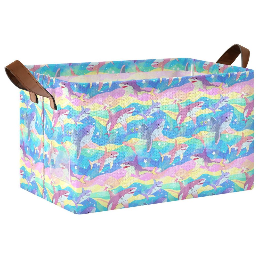 ALAZA Cute Sharks Rainbow Waters Rectangular Closet Storage Box Storage Bin Basket Storage Cube with Leather Handles Nursery Storage Laundry Hamper 2 Piece