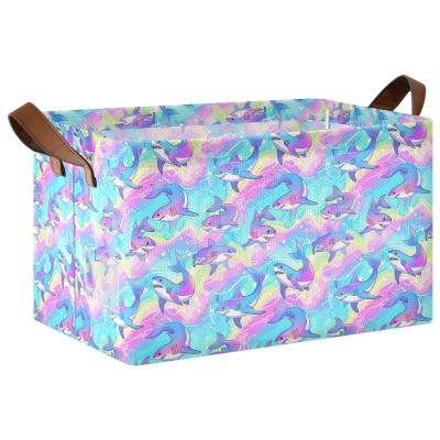 ALAZA Cute Sharks Rainbow Water Rectangular Closet Storage Box Storage Bin Basket Storage Cube with Leather Handles Nursery Storage Laundry Hamper 2 Piece