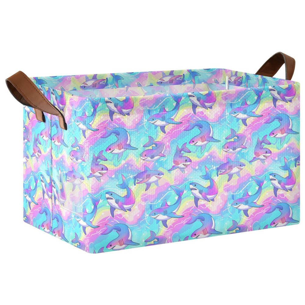 ALAZA Cute Sharks Rainbow Water Rectangular Closet Storage Box Storage Bin Basket Storage Cube with Leather Handles Nursery Storage Laundry Hamper 2 Piece