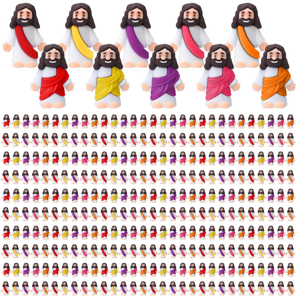 Bememo 300 Pcs Little Jesus Figures Bulk Original Design Mini Pocket Jesus Rubber Figurine to Hide and Seek Religious Party Favors Baptism Gifts(Bright Colors)