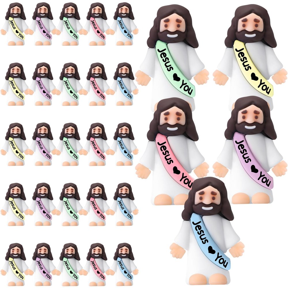 Bememo 25 Pcs Little Jesus Figures Original Design Jesus Love You Mini Rubber Toys to Hide and Seek Christmas Religious Party Favors Sunday School Baptism Gifts(Macaron Colors)
