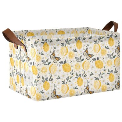 ALAZA Lemons Flower Butterfly Rectangular Closet Storage Box Storage Bin Basket Storage Cube with Leather Handles Nursery Storage Laundry Hamper 2 Piece