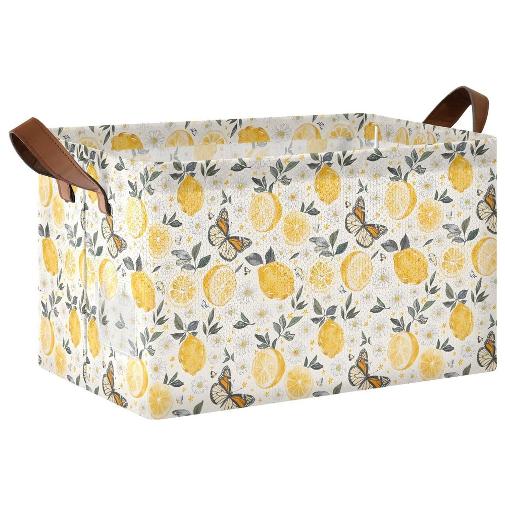 ALAZA Lemons Flower Butterfly Rectangular Closet Storage Box Storage Bin Basket Storage Cube with Leather Handles Nursery Storage Laundry Hamper 2 Piece