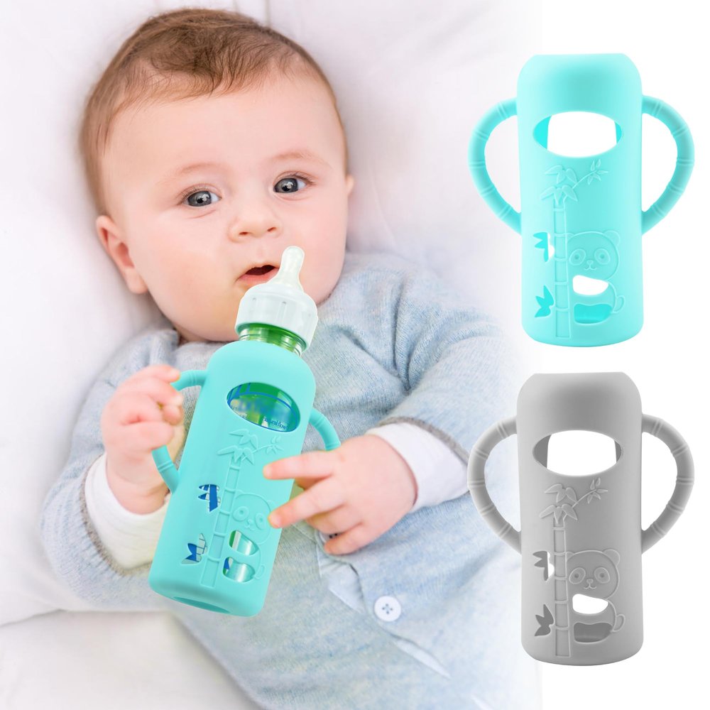 2 Pack Silicone Sleeves for Dr. Brown's Glass Baby Bottles, Anti Breakage Durable Baby Bottle Holder with Easy Grip Handles, Narrow Sleeve with a Cutout, Dishwasher/Freezer/Microwave Safe, 8 oz