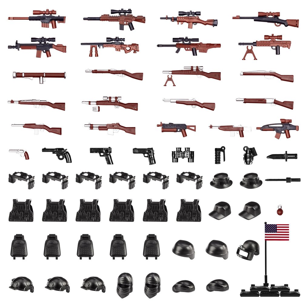 MaozyHomie 63 Pcs US Brown Toy Soldiers Figures,Toy Set, US Weapons Pack Military Army Battle, Toy Set Weapon Battle Building Blocks Compatible with Major Brand, 3 Years Old and up