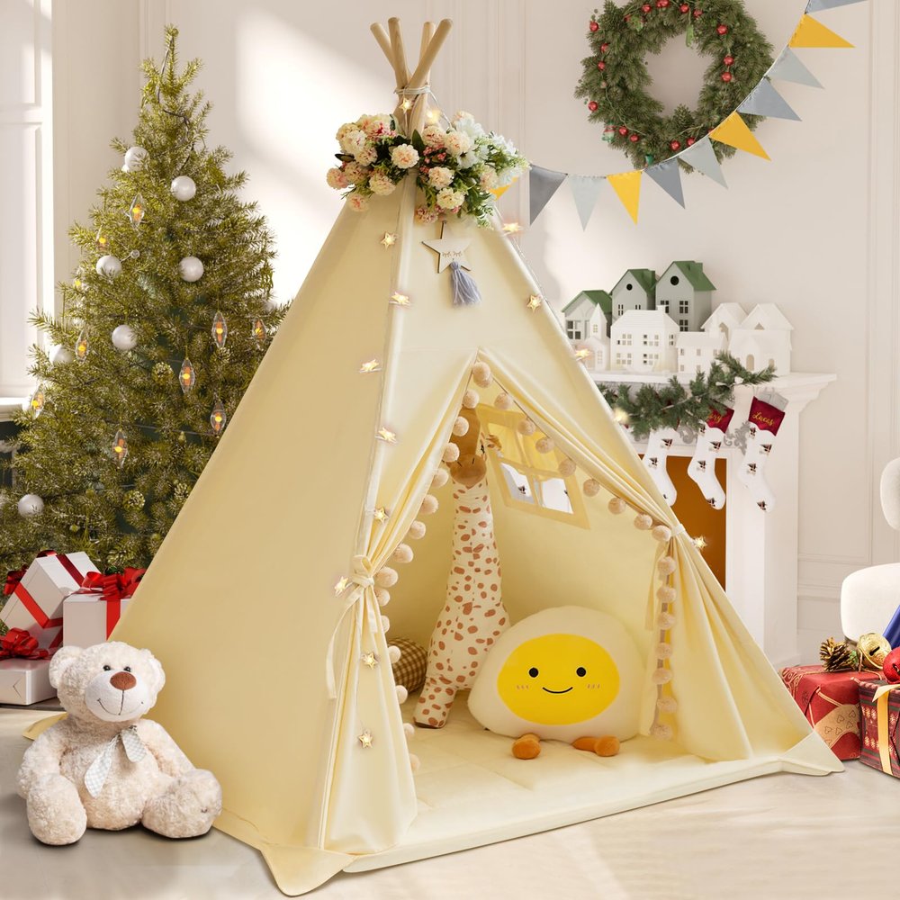 WIRHAO Teepee Tent for Kids with Padded Mat Cotton Canvas Kids Teepee with Pompom for Toddlers Indoor Play Tent for Girls Boys with Stars Lights, Carry Bag, Banner Flag (Cream)