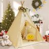 WIRHAO Teepee Tent for Kids with Padded Mat Cotton Canvas Kids Teepee with Pompom for Toddlers Indoor Play Tent for Girls Boys with Stars Lights, Carry Bag, Banner Flag (Cream) view 1