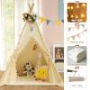 WIRHAO Teepee Tent for Kids with Padded Mat Cotton Canvas Kids Teepee with Pompom for Toddlers Indoor Play Tent for Girls Boys with Stars Lights, Carry Bag, Banner Flag (Cream) view 3