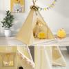 WIRHAO Teepee Tent for Kids with Padded Mat Cotton Canvas Kids Teepee with Pompom for Toddlers Indoor Play Tent for Girls Boys with Stars Lights, Carry Bag, Banner Flag (Cream) view 4