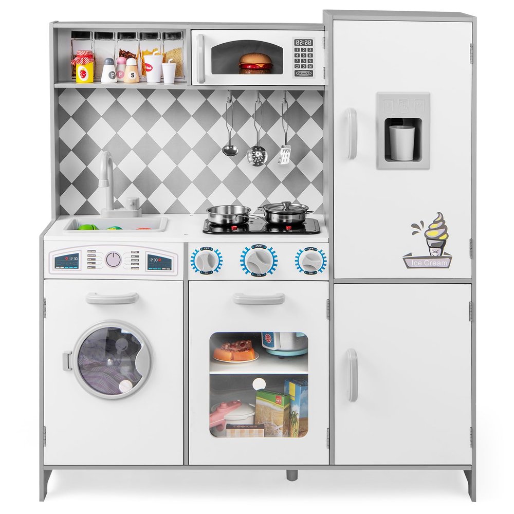 HONEY JOY Kids Kitchen Playset, Wooden Little Chef Pretend Play Kitchen Set w/Ice Maker, Lighted Stove, Storage Cabinet, Realistic Washing Machine, Play Kitchen for Toddlers, Gift for Boys Girls, Gray