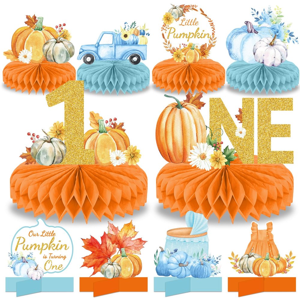10Pcs Little Pumpkin 1st Birthday Party Decoration Fall A Little Pumpkin is On The Way Honeycomb Centerpieces Pumpkin First Birthday Table Centerpieces for Autumn Thanksgiving Table Topper Supplies