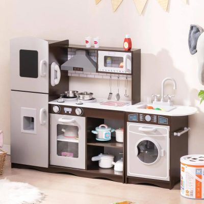 HONEY JOY Kids Kitchen Playset, 2-Piece Modular Wooden Play Kitchen for Toddlers & Washing Machine w/Sink, Lighted Range Hood, Blackboard, Ice Maker, Little Chef Pretend Corner Toy Kitchen Set, Coffee